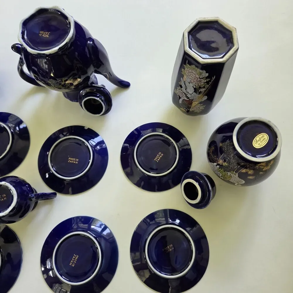 Vintage Hand Spray KT in Glaze Cobalt Blue Japanese 17 Pc. Tea Set 1960’s